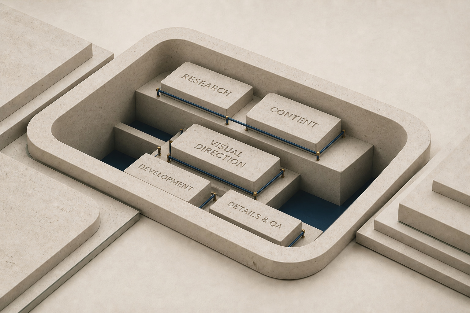 Deep limestone well revealing five structural modules engraved with research, content, visual direction, development, details and QA.