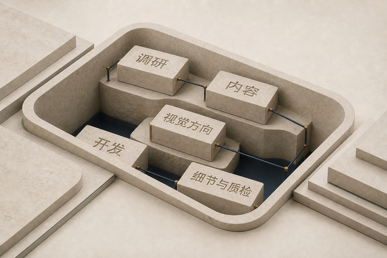 石灰岩表层下的深井状凹腔与五个结构模块，刻有：调研、内容、视觉方向、开发、细节与质检。