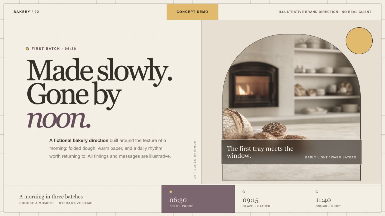Fictional bakery concept demo with a morning editorial layout